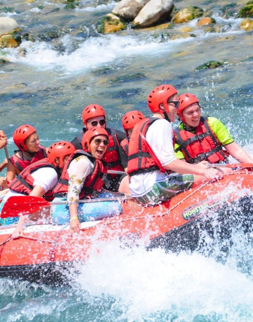 Antalya Koprulu Canyon white water rafting close-up in strong rapids with splashing water