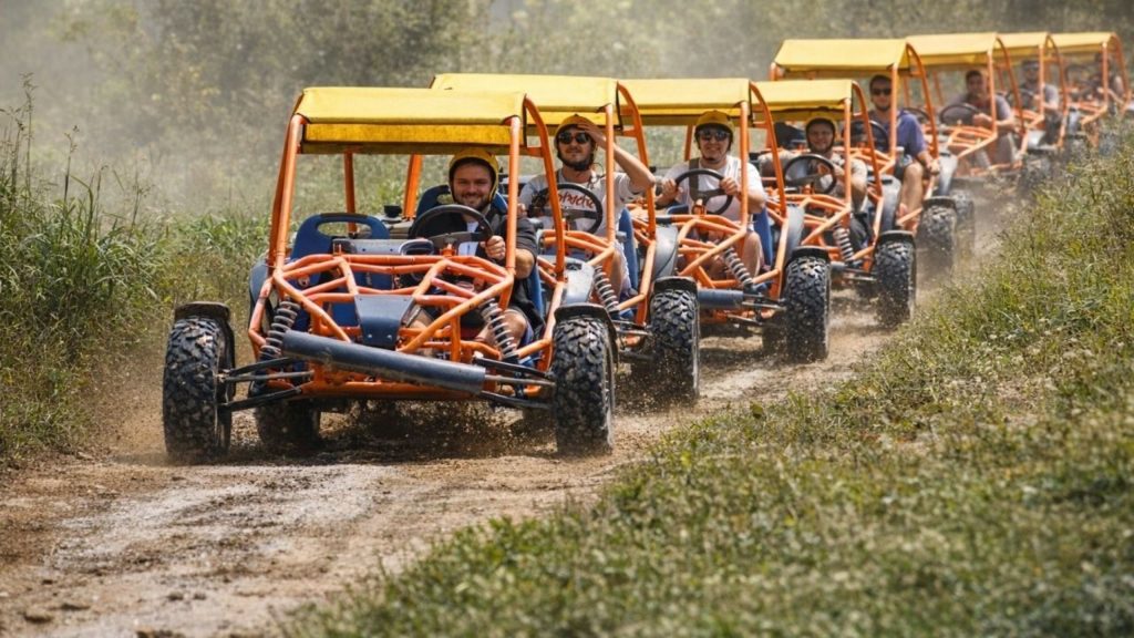Antalya off-road buggy safari convoy racing through dusty trail on Rafting and Buggy combo tour