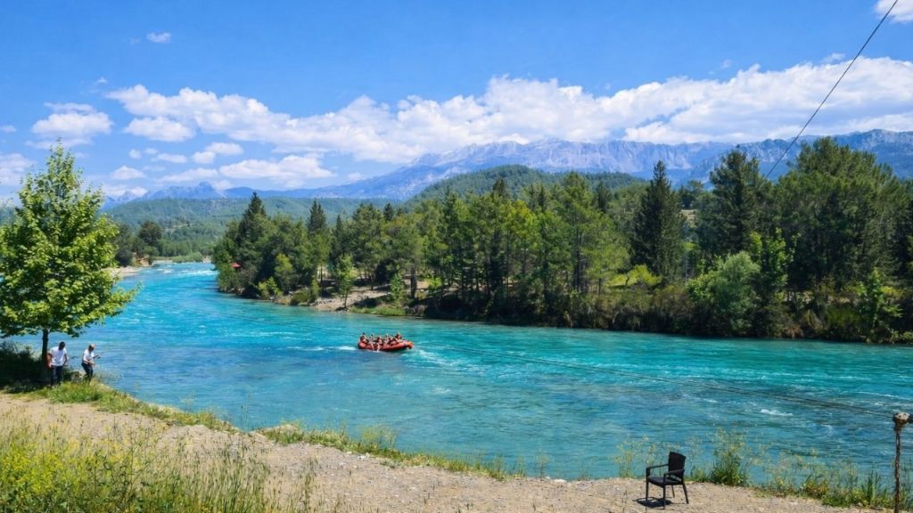 Antalya Koprulu Canyon turquoise river with Taurus Mountains and pine forest panoramic view