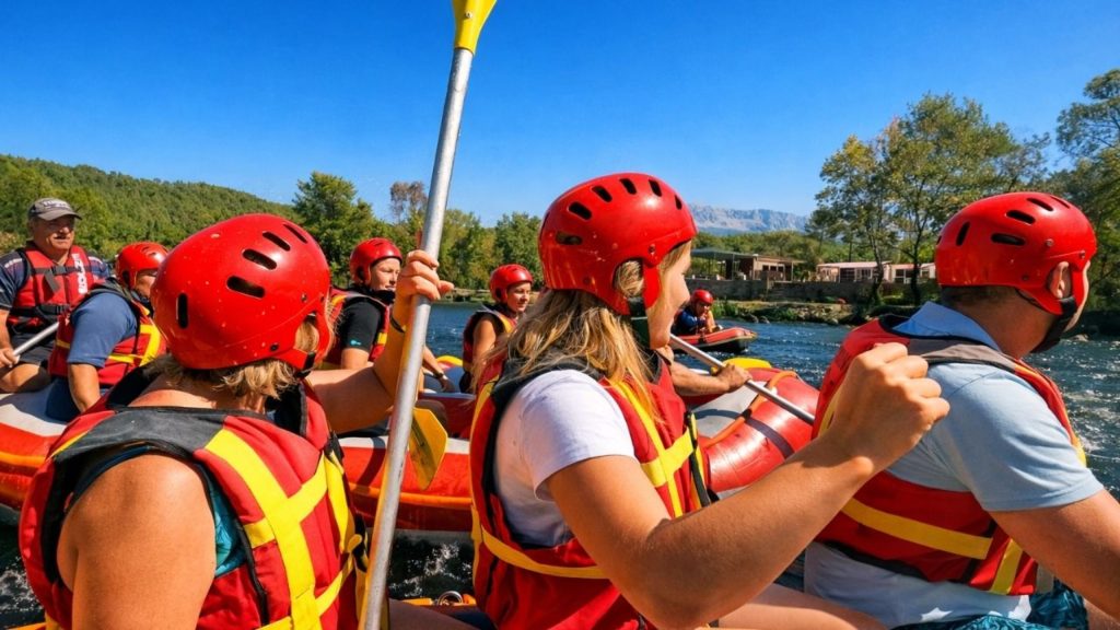 Antalya Koprulu Canyon rafting POV from inside boat with paddles and Taurus Mountains view