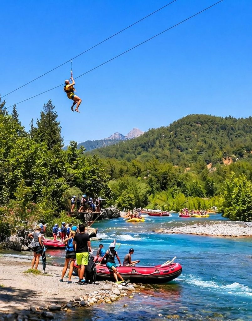 Zipline high above Koprulu Canyon river with Taurus Mountains and rafting boats below in Antalya