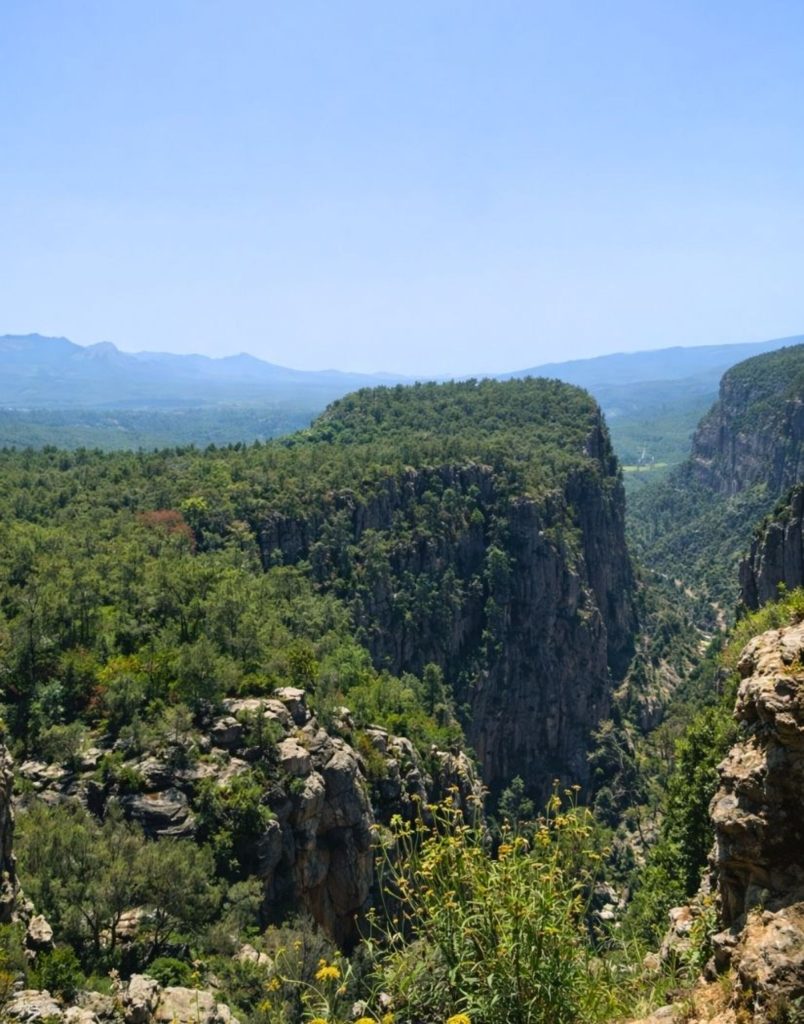 Panoramic view of Tazi Canyon deep cliffs and green Taurus Mountains in Antalya