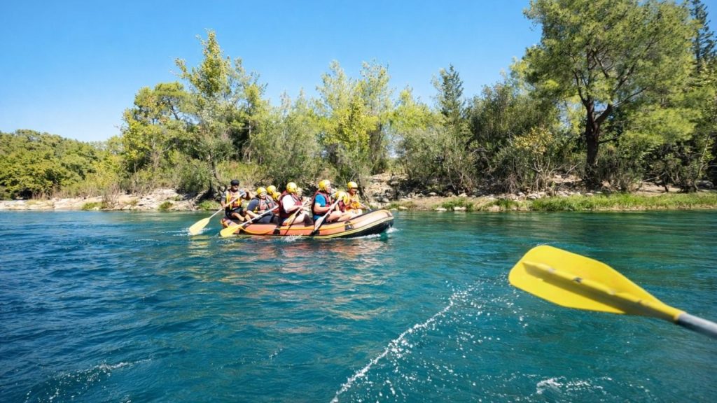 Rafting on turquoise Koprulu Canyon river during Antalya Tazi Canyon Jeep Safari and Rafting Tour