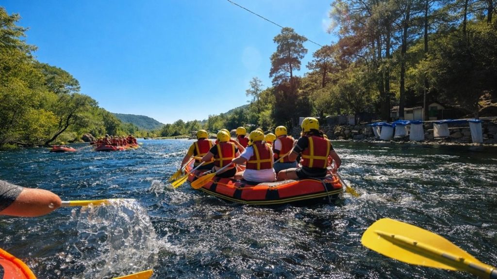 White water rafting on Koprulu Canyon with green mountains during Antalya Tazi Canyon Jeep Safari and Rafting Tour