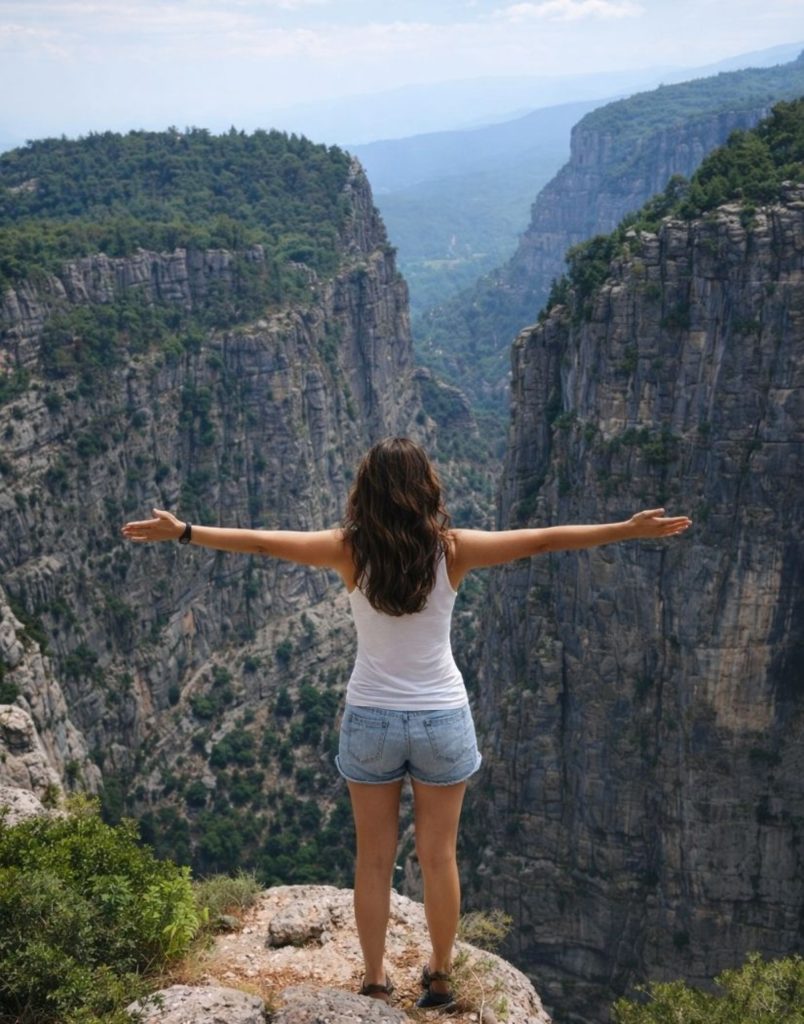 Standing at the edge of Tazi Canyon with panoramic Taurus Mountain view in Antalya