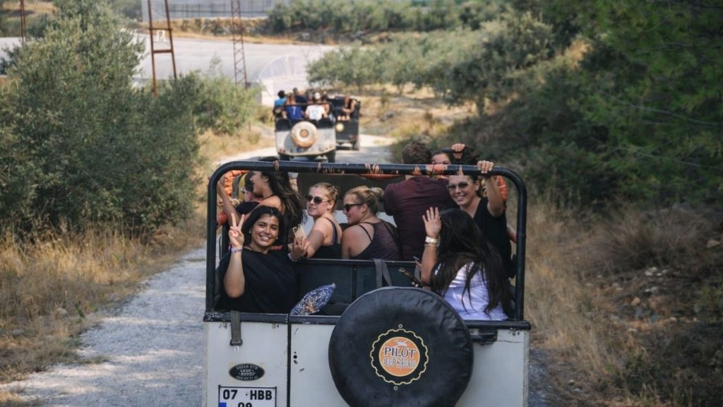 Jeep safari convoy on countryside road during Antalya Tazi Canyon Jeep Safari Zipline and Rafting Tour