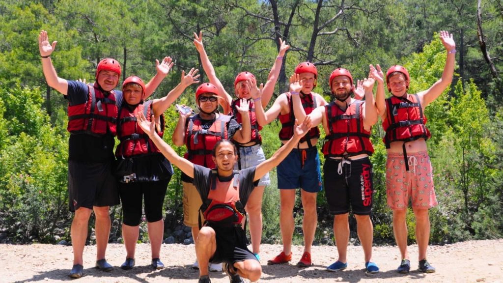 Antalya white water rafting group photo with helmets and life vests before Koprulu Canyon adventure