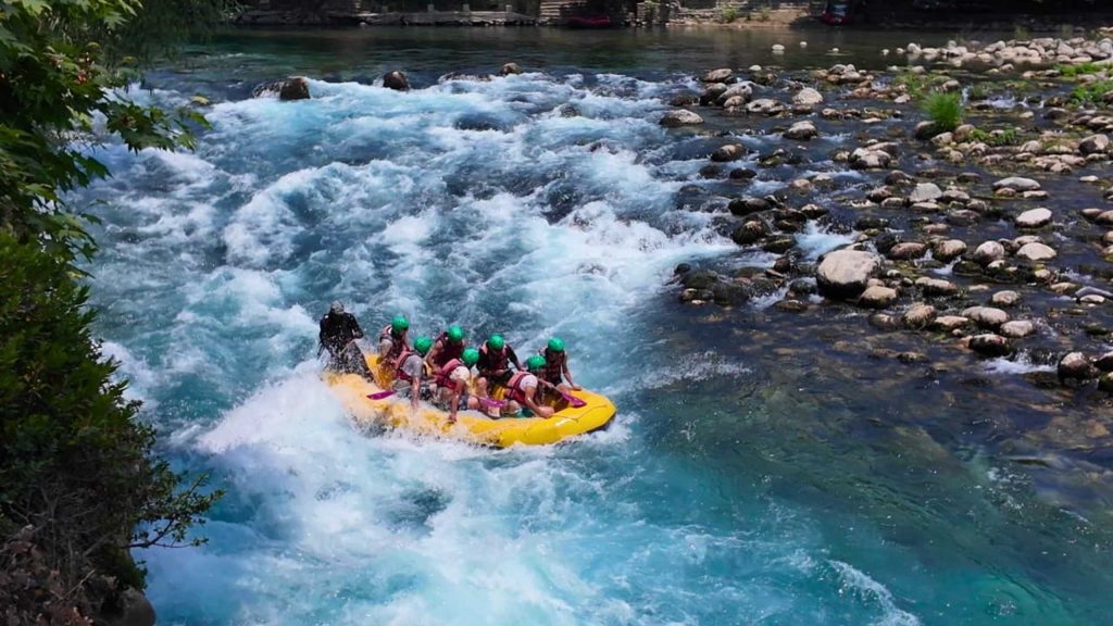 Antalya Koprulu Canyon white water rafting in heavy rapids on turquoise river